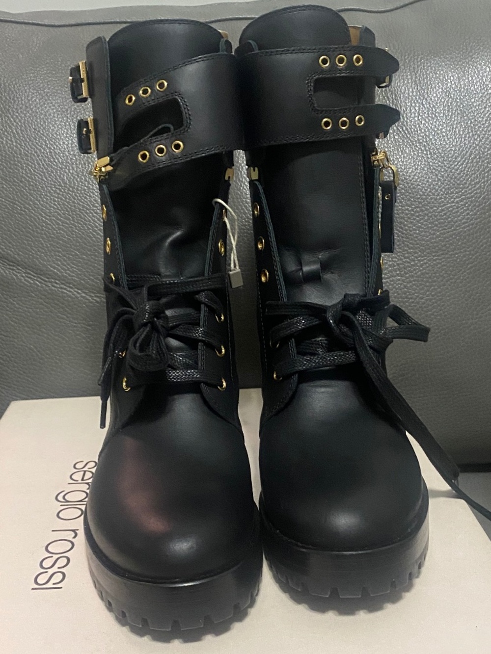 NEW! SERGIO ROSSI Combat Style Ankle Bootie w. Gold Buckle Detail Women's Sz 38N